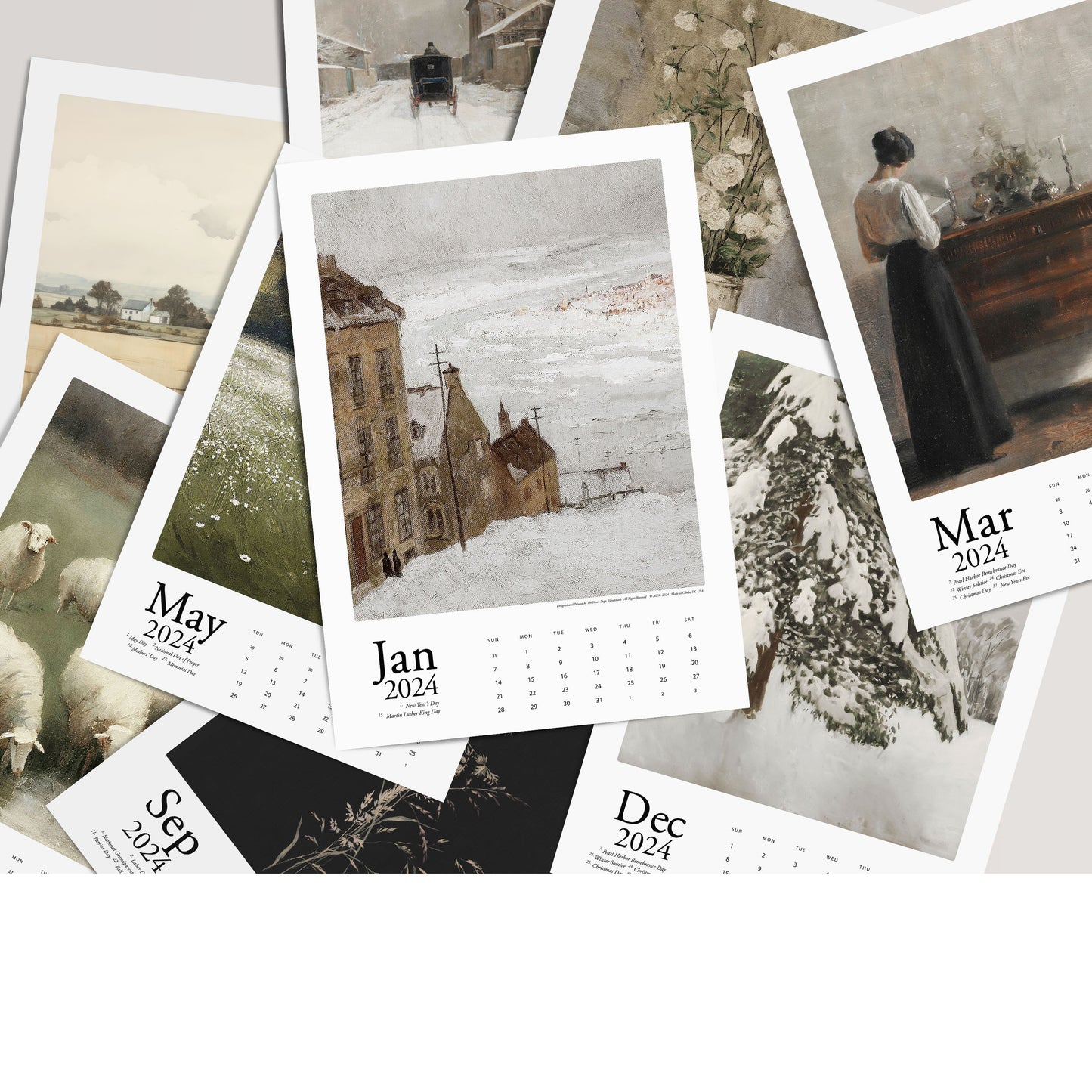 Large 2024 Printable Vintage Art Calendar, 11x17 Calendar, Wall Calendar, Calendar Printable, 12 Month Calendar, Digital Download