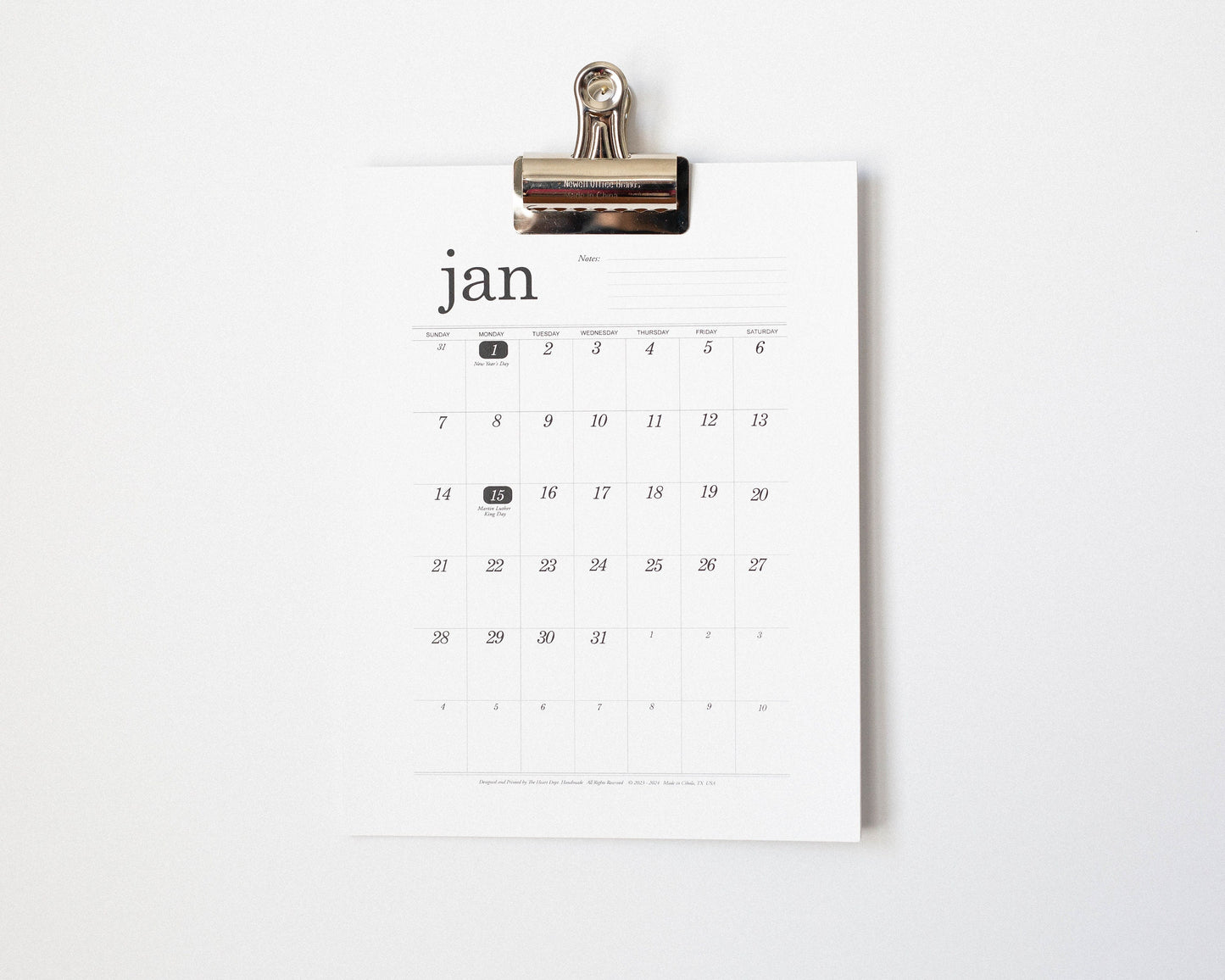 SMALL 2024 WALL Calendar, 8.5 x 11 Simple Wall Calendar, Hanging Calendar, Minimal Wall Calendar, Calendar, 9" Baltic Birch Hanger