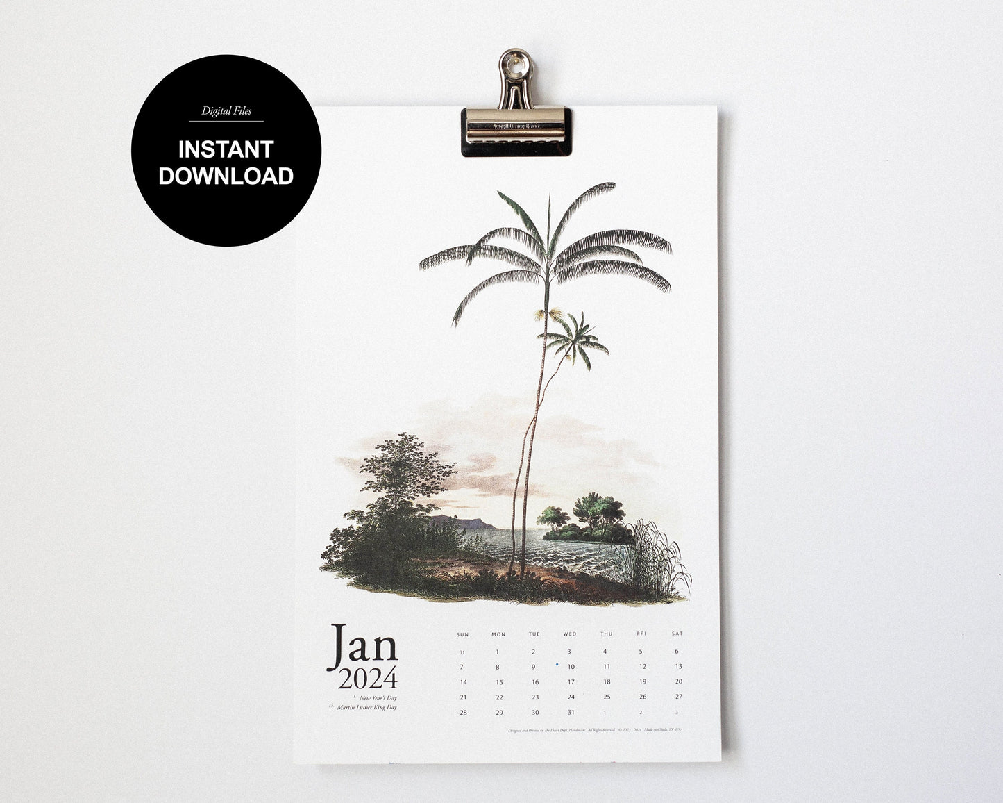 Large 2024 Printable Vintage Palm Calendar,